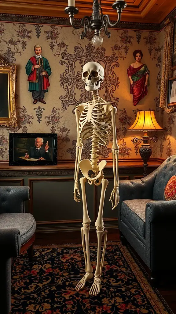 A vintage-inspired skeleton in a cozy, antique-decorated room.