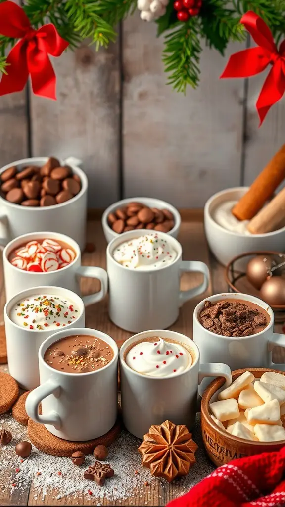 33+ Festive Christmas Party Ideas to Celebrate the Season 11 A festive gourmet hot chocolate bar with various mugs of hot chocolate, toppings, and holiday decorations.