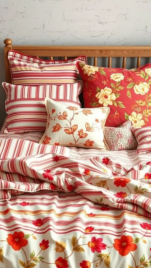 A cozy bed with a mix of striped and floral bedding in warm colors.
