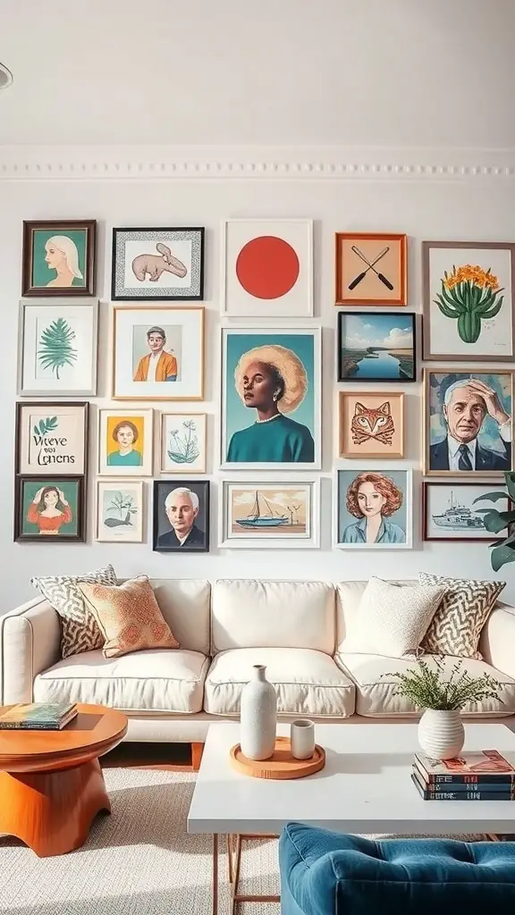 A stylish living room featuring a gallery wall with various framed artworks, a cozy sofa, and decorative elements.