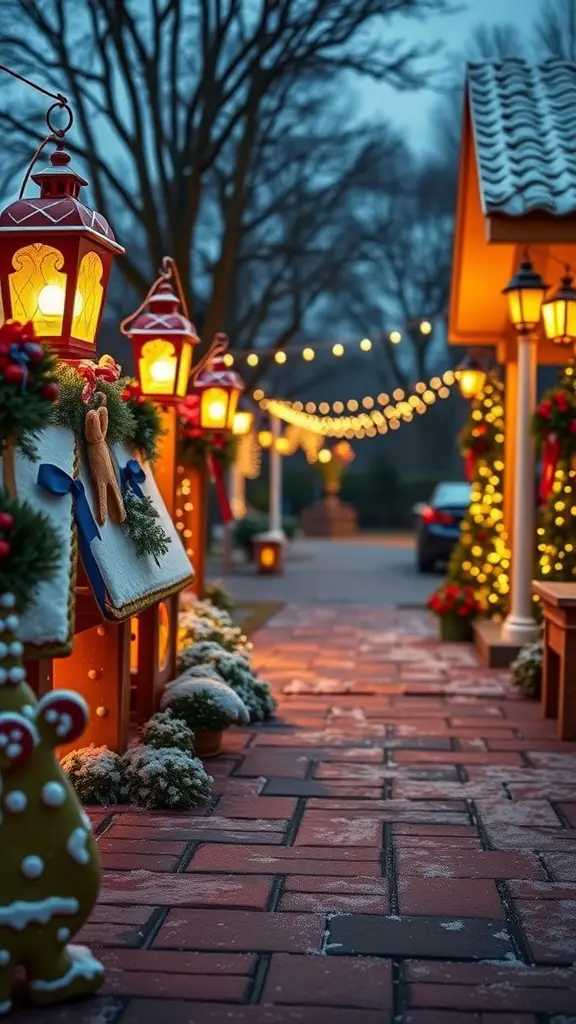 31+ Creative Gingerbread Christmas Decor Ideas You’ll Love 19 A festive pathway lined with gingerbread lanterns, glowing warmly in the evening light.