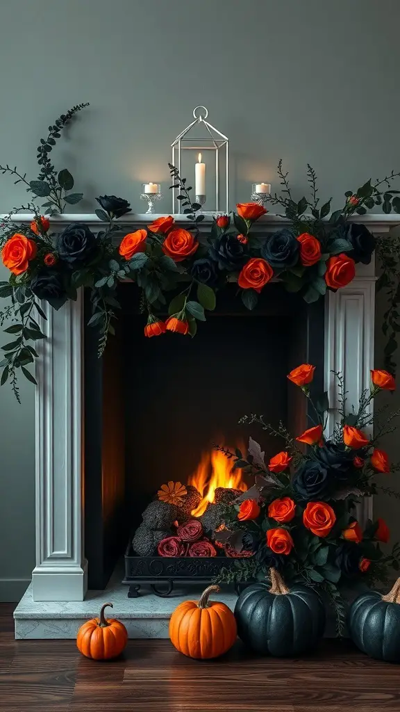 27+ Spooktacular Halloween Fireplace Decor Ideas You Need to Try 8 A beautifully decorated fireplace with black and orange floral arrangements, pumpkins, and candles.