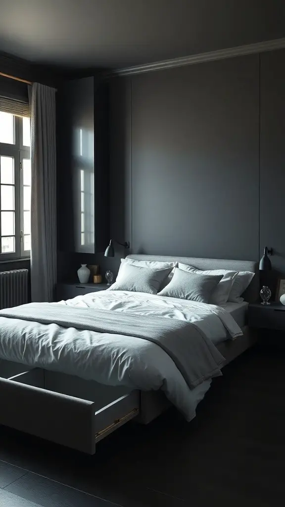 A dark modern bedroom featuring a bed with storage drawers and wall-mounted shelves.