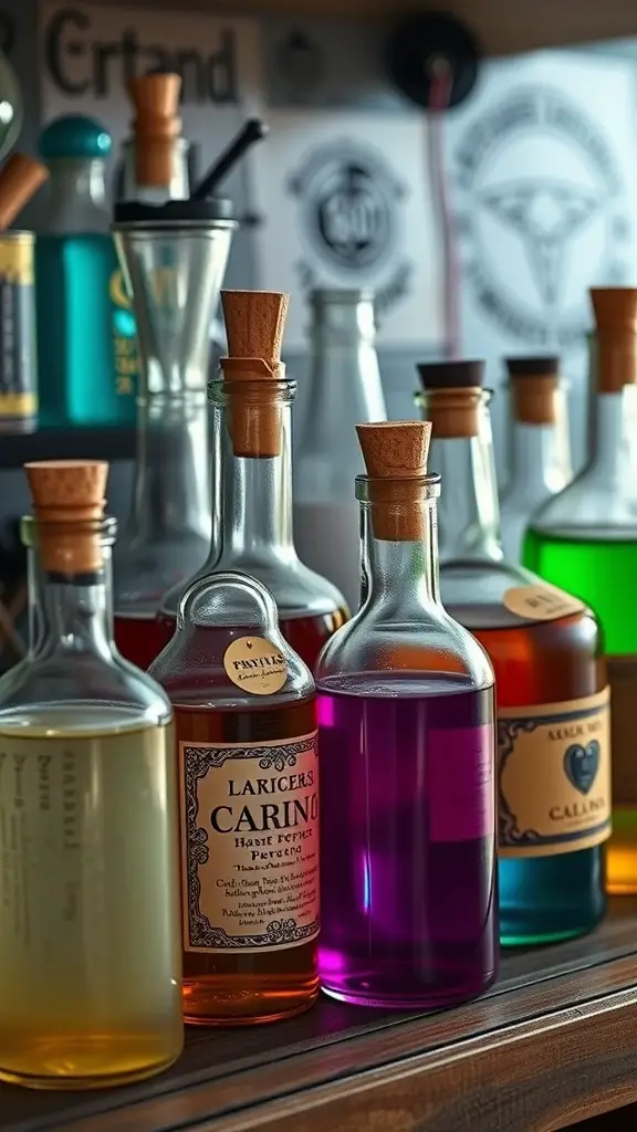 Colorful potion bottles with labels on a wooden shelf
