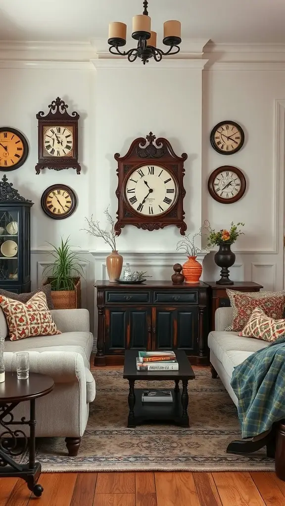 A cozy living room with vintage clocks on the wall, light-colored sofas, and a dark coffee table.