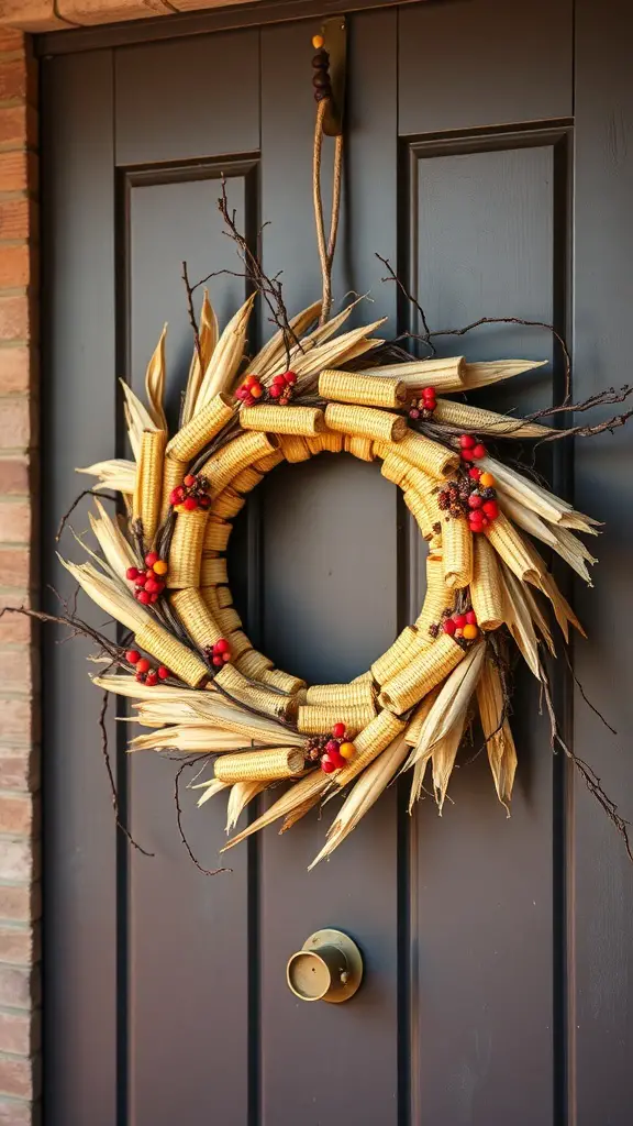 A wreath made of dried corn and red berries hanging on a dark door.