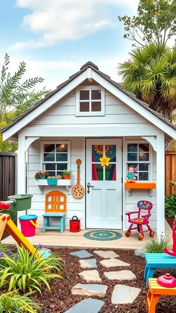 A colorful children's playhouse with a flower decoration, surrounded by a garden and play items.