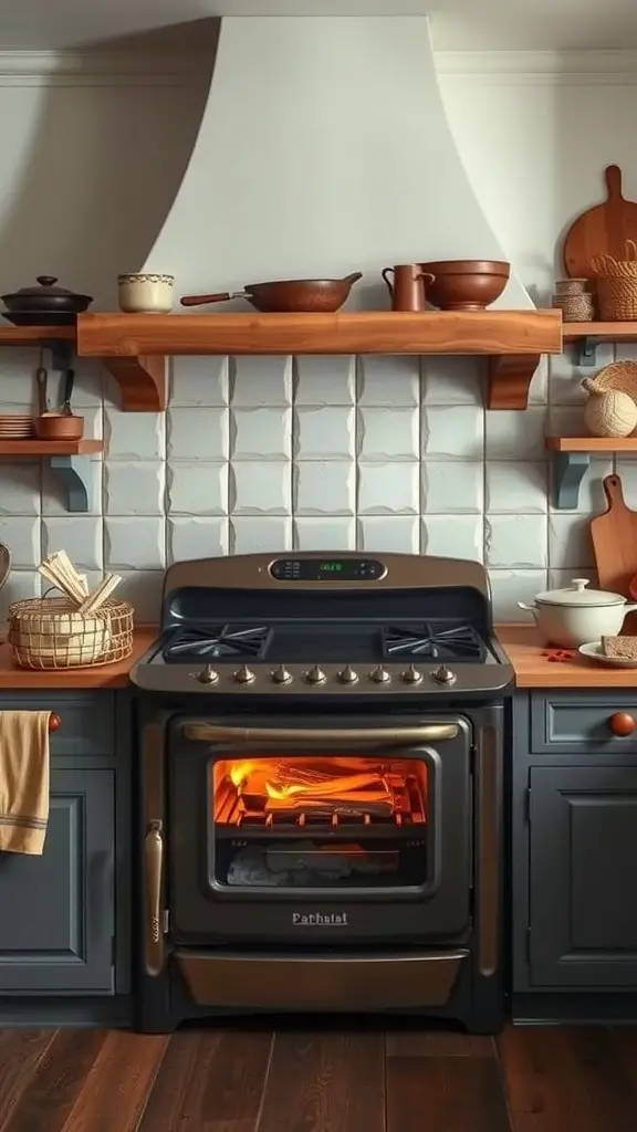 A cozy kitchen featuring a wood stove with a built-in oven, surrounded by wooden shelves and cookware.