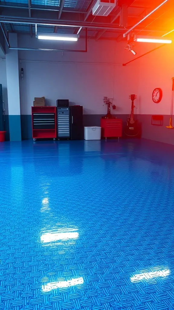 A garage with a metallic blue epoxy floor, featuring red storage cabinets and tools.