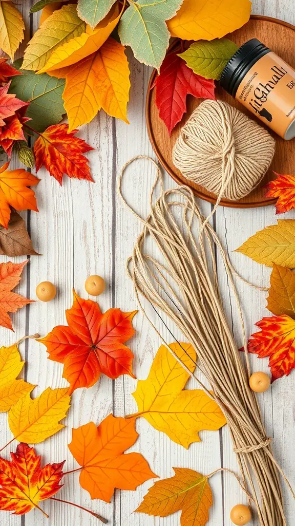 21+ Cozy Fall Mood Board Ideas for the Ultimate Autumn Vibe 19 A collection of colorful autumn leaves, twine, and craft supplies arranged on a wooden surface.