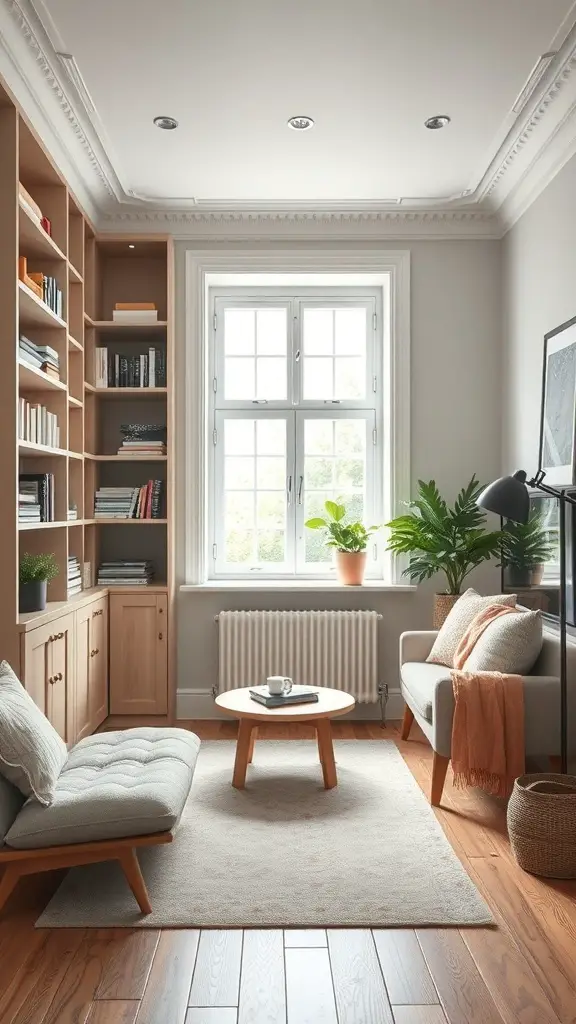 25+ Stunning Items to Achieve a Stockholm-Style Room Makeover 17 A cozy Stockholm-style room featuring built-in shelves, a coffee table, and plants.