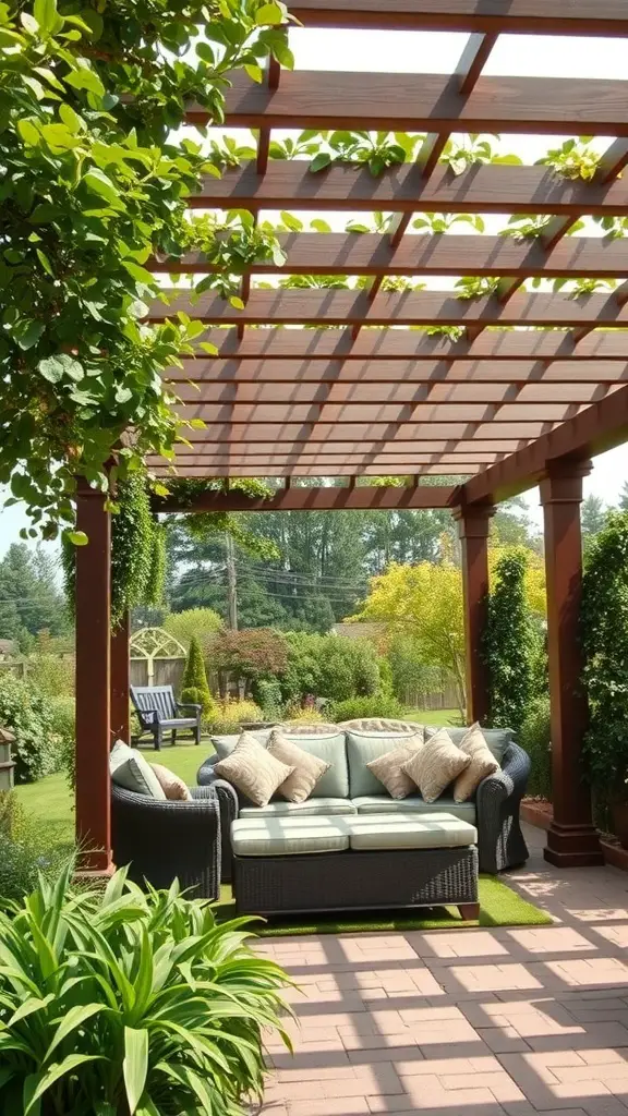 A cozy seating area under a wooden pergola surrounded by greenery in a garden.