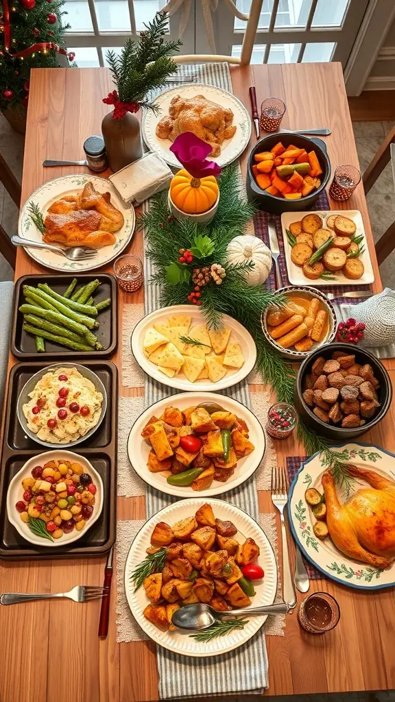 31+ Creative Friendsmas Party Ideas You’ll Love 11 A beautifully arranged holiday potluck dinner table with various dishes including roasted chicken, vegetables, and desserts.