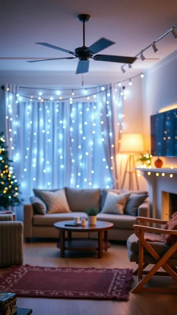 37+ Stunning Blue Christmas Decor Ideas for a Festive Winter Wonderland 8 A cozy living room decorated with blue and white fairy lights, featuring a Christmas tree and comfortable seating.