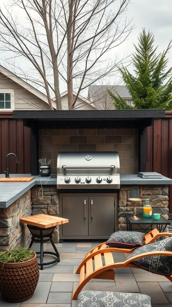 27+ Must-Have Items for the Ultimate Outdoor Grill Station 21 Outdoor grill station with a sheltered grill, stone counter, and comfortable seating.