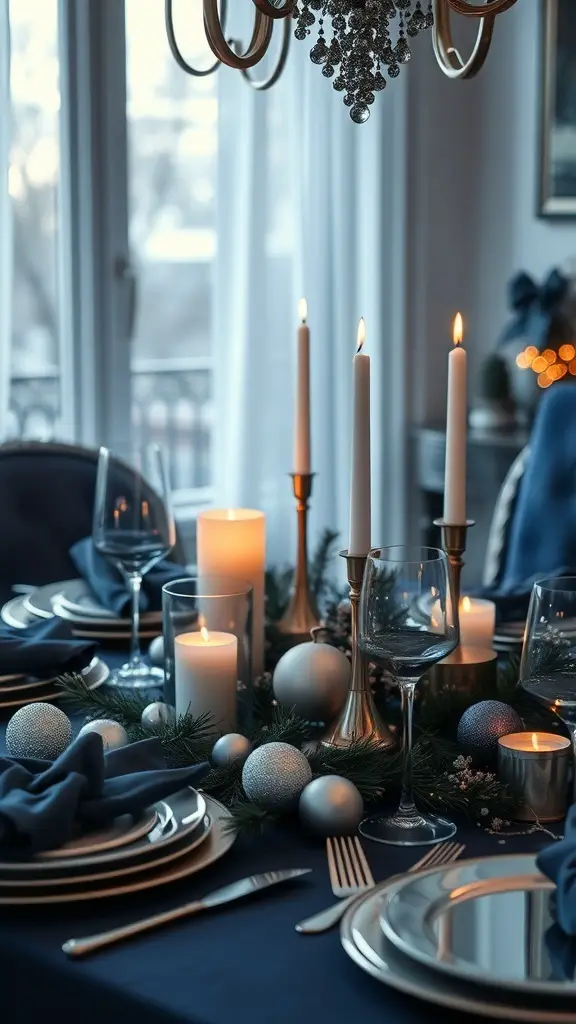 37+ Stunning Christmas Table Decorations You'll Love 19 A beautifully set table with midnight blue tablecloth, silver decorations, candles, and elegant dinnerware.
