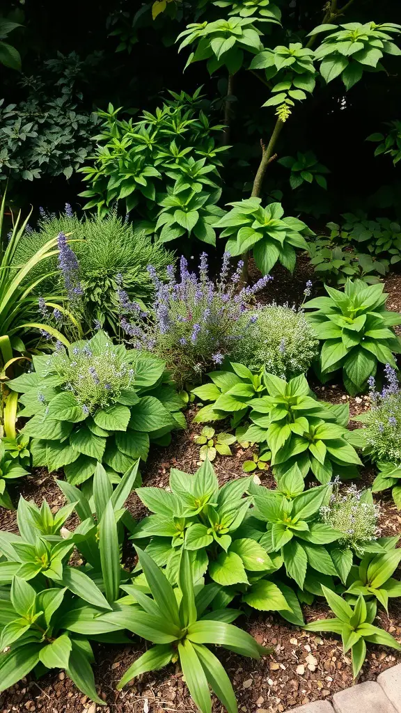 A variety of shade-tolerant plants in a small sloped garden, featuring lush green foliage and some flowering plants.