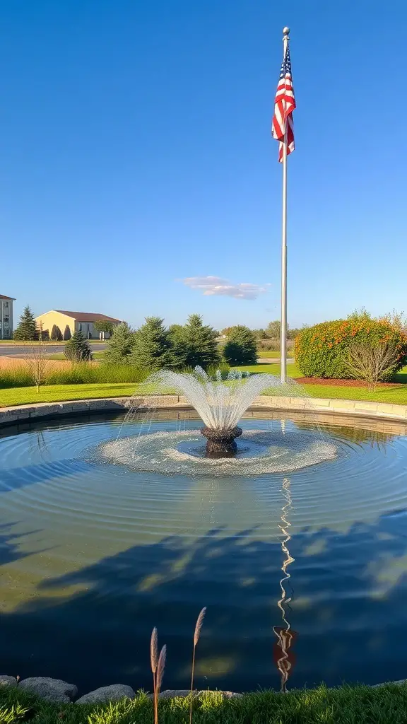 A flag pole next to a fountain in a landscaped area