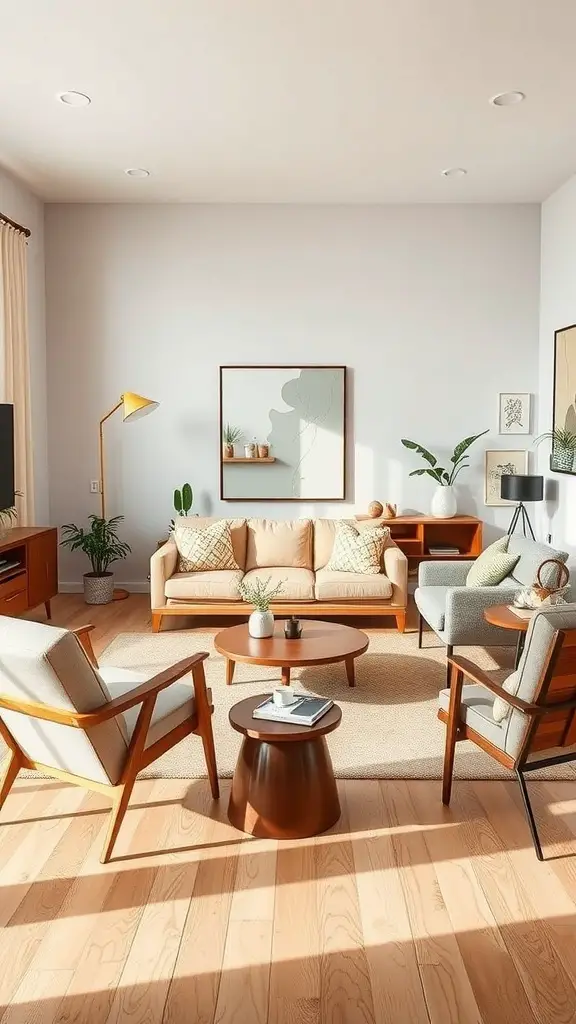 A mid-century modern living room featuring a beige sofa, wooden accent chairs, and a round coffee table.