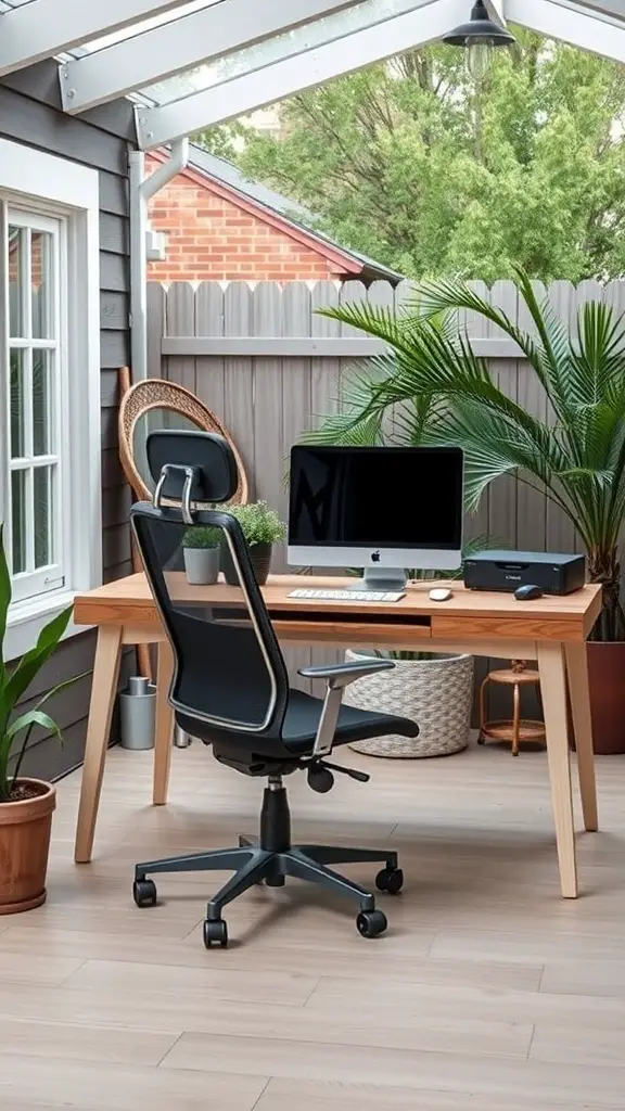 A stylish backyard office featuring a wooden desk, ergonomic chair, computer, and plants.