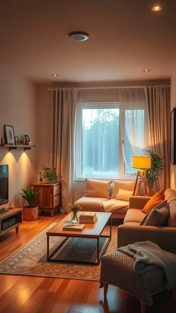 27+ Stunning Small Living Room and Dining Area Combinations 7 Cozy small living room with a dining area, featuring warm lighting and natural light from a window.