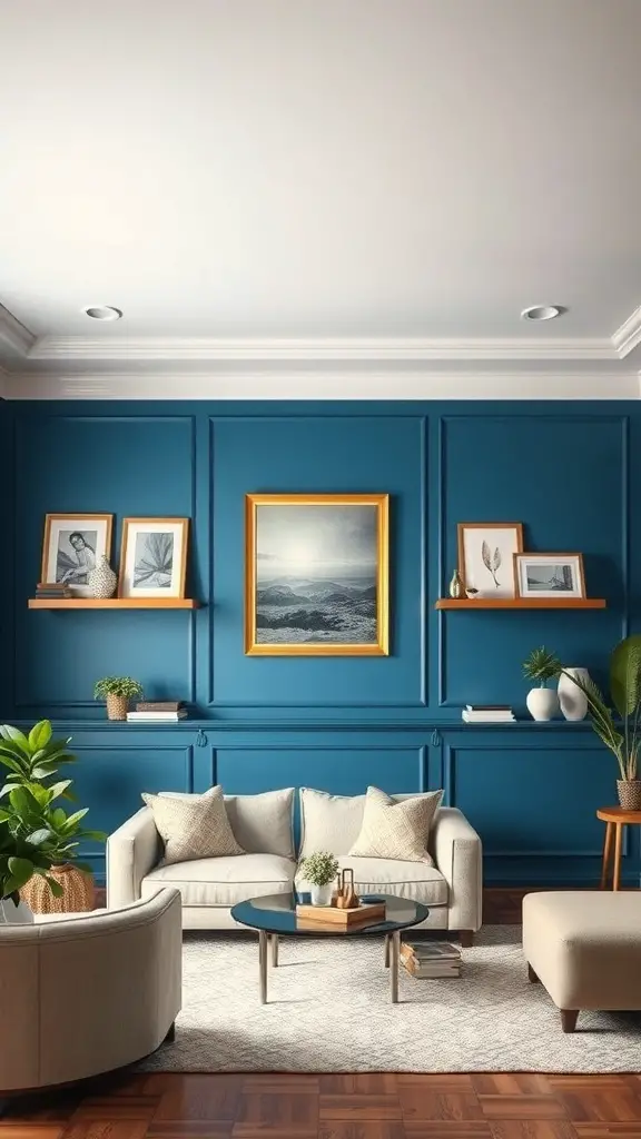 27+ Stunning Ideas for a Neutral and Blue Living Room Decor 7 Living room with a blue accent wall, neutral furniture, and decorative shelves.