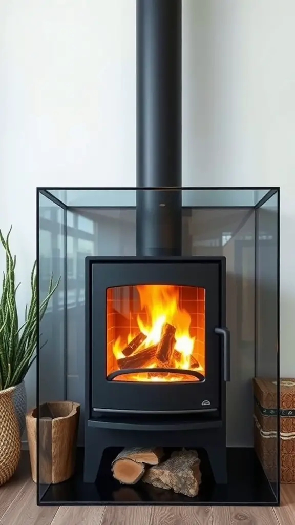 29+ Stunning Wood Stove Fireplace Surround Ideas to Warm Up Your Home 13 A modern wood stove fireplace surrounded by a glass enclosure