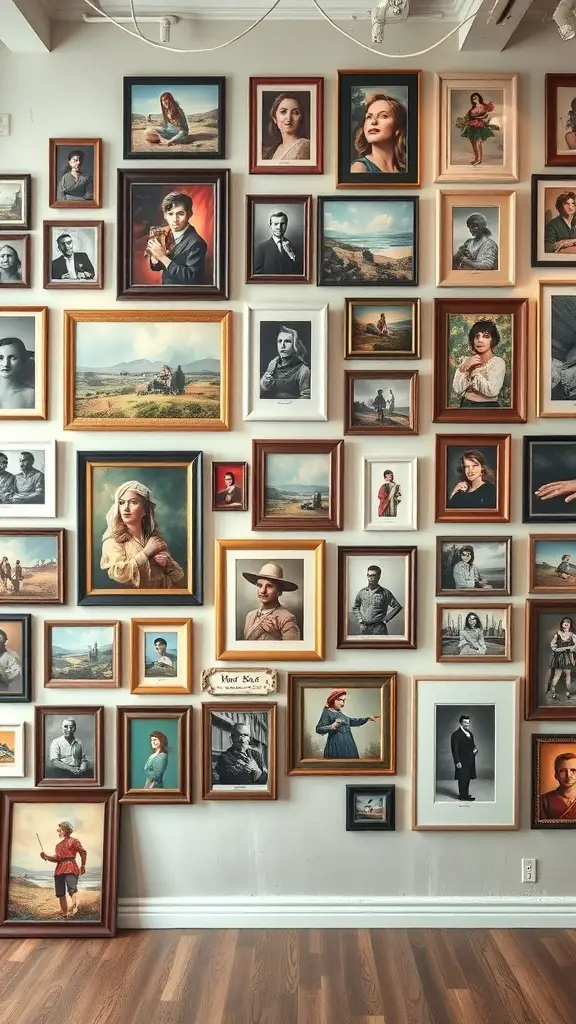 19+ Stunning Vintage Maximalism Decor Ideas to Transform Your Space 7 A wall filled with various framed artworks, including portraits and landscapes, showcasing a colorful and eclectic art display.