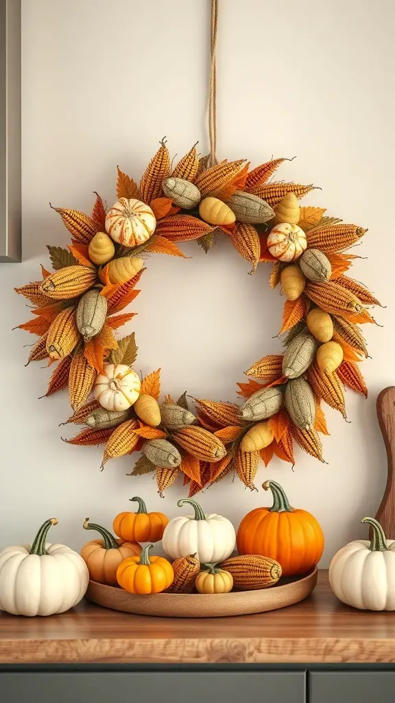 Harvest-themed pumpkin wreath with colorful pumpkins and leaves
