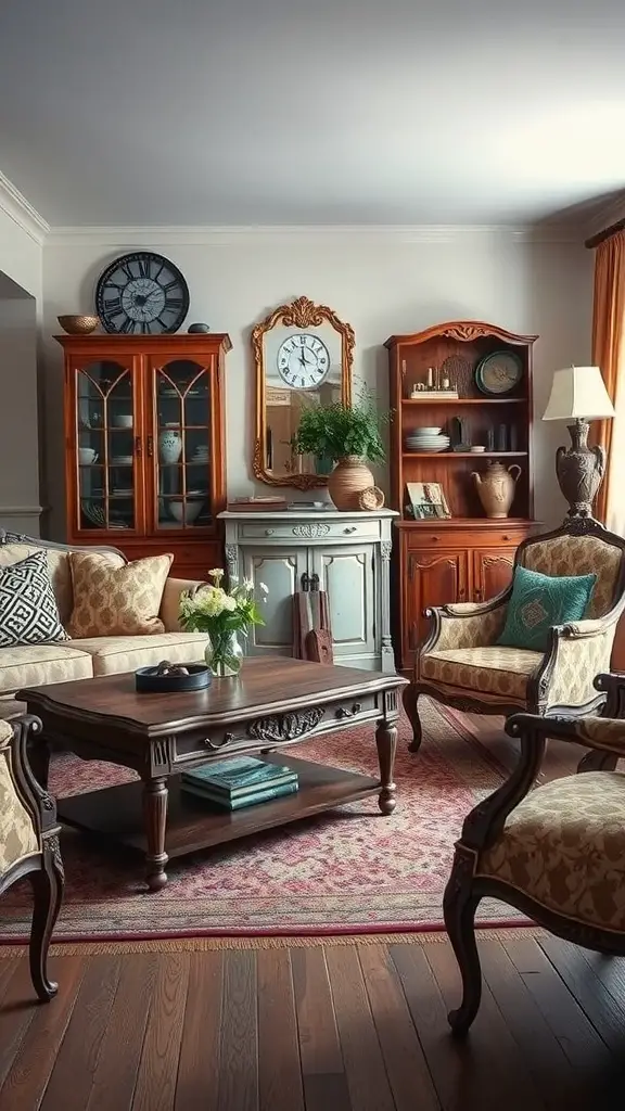 Cozy French country living room with vintage furniture accents