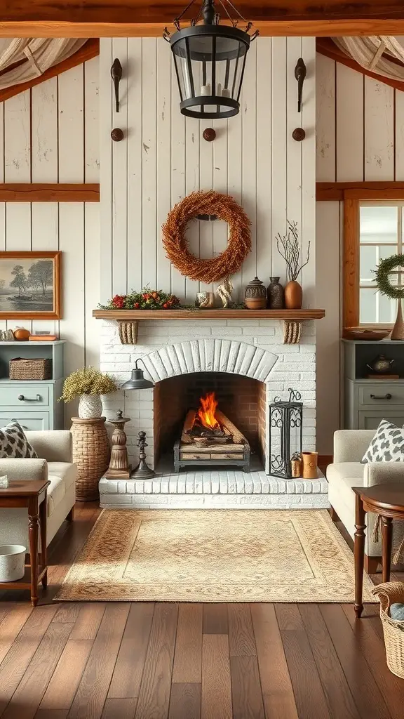 27+ Vintage Farmhouse Living Room Ideas for Cozy Charm 2 A vintage farmhouse living room featuring a white brick fireplace with a cozy fire, surrounded by comfortable seating and rustic decor.
