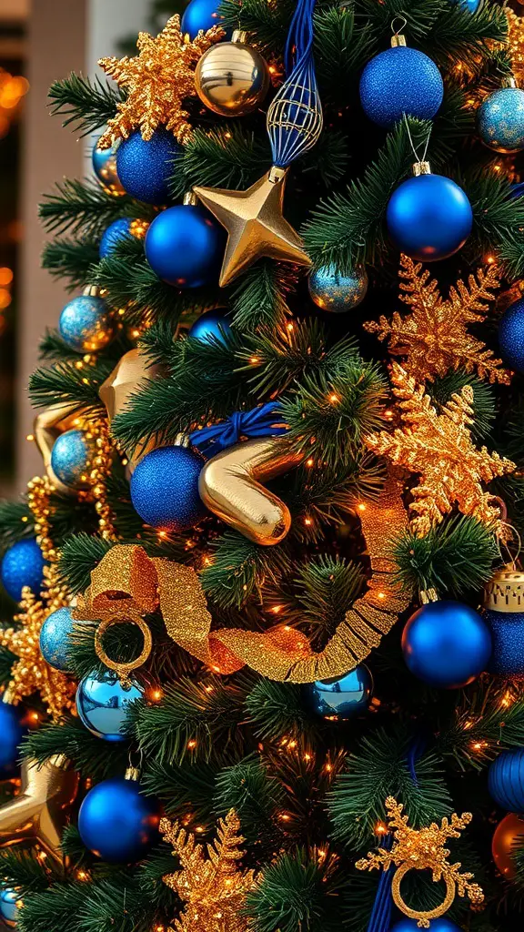 37+ Stunning Blue Christmas Decor Ideas for a Festive Winter Wonderland 16 A beautifully decorated Christmas tree featuring blue and gold ornaments, stars, and garlands.