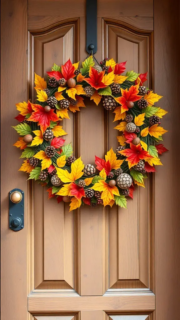 A fall wreath made of colorful leaves and pinecones hanging on a wooden door.