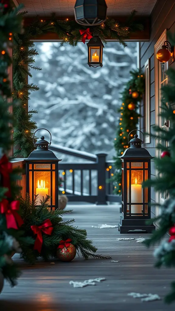 A cozy porch decorated with lanterns, greenery, and ornaments for Christmas.