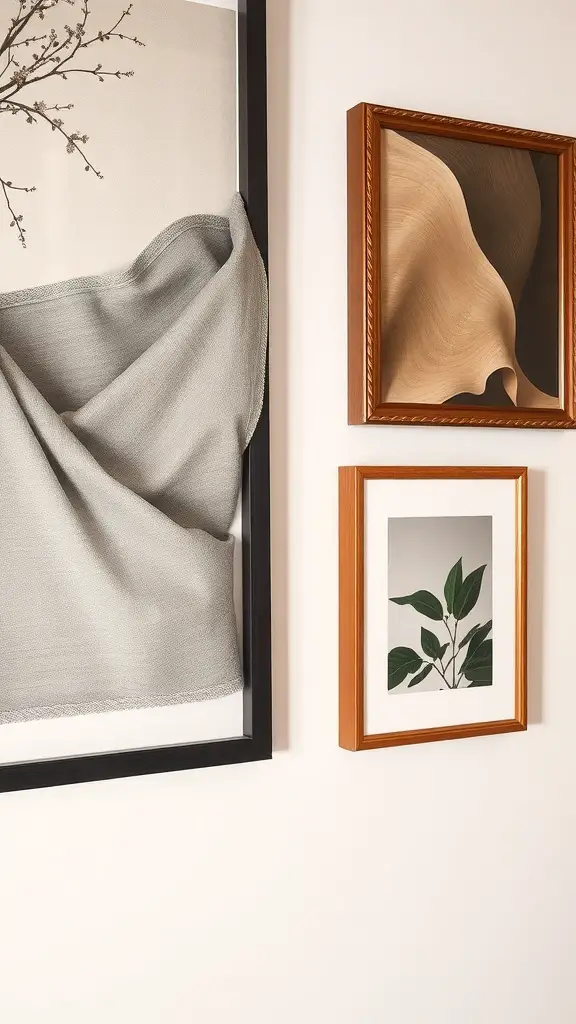 41+ Inspiring Gallery Wall Ideas for Your Living Room 3 A gallery wall featuring various framed artworks with different textures, including fabric and wood.