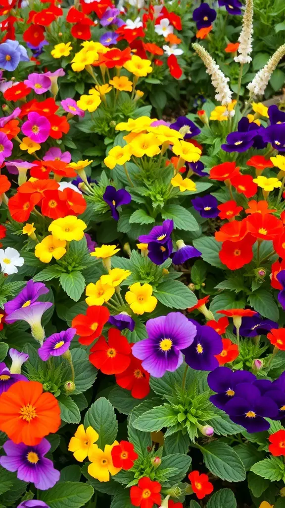A colorful flower bed featuring a variety of edible flowers.
