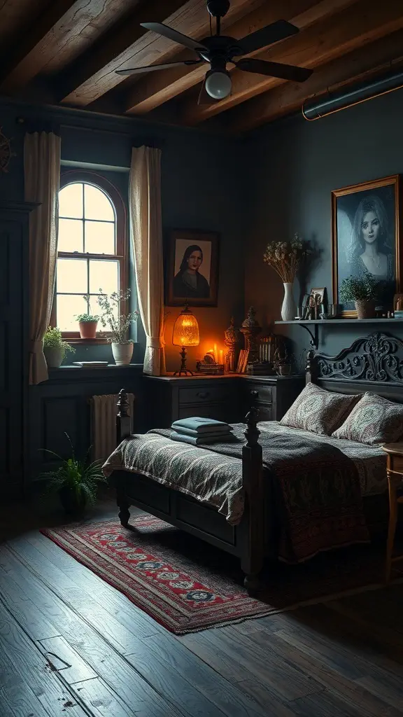 A dark boho bedroom featuring vintage decor accents, including a cozy bed, vintage lamps, and artwork.