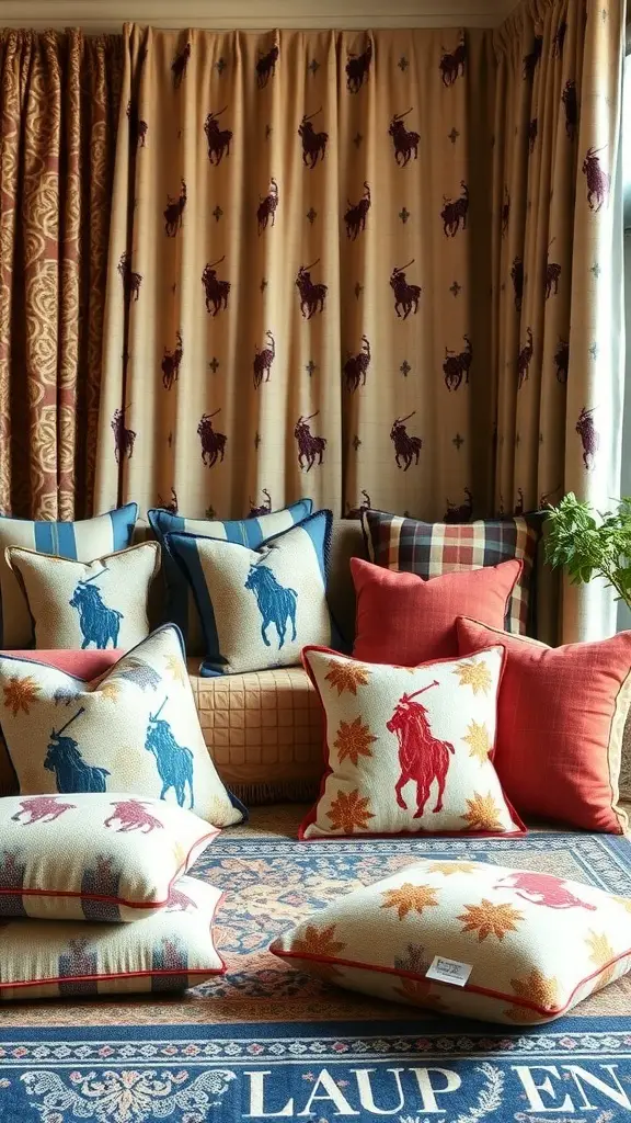 A cozy room featuring Ralph Lauren's signature patterns with pillows and curtains.