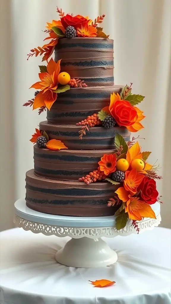 A three-tiered wedding cake decorated with chocolate frosting and vibrant autumn flowers.