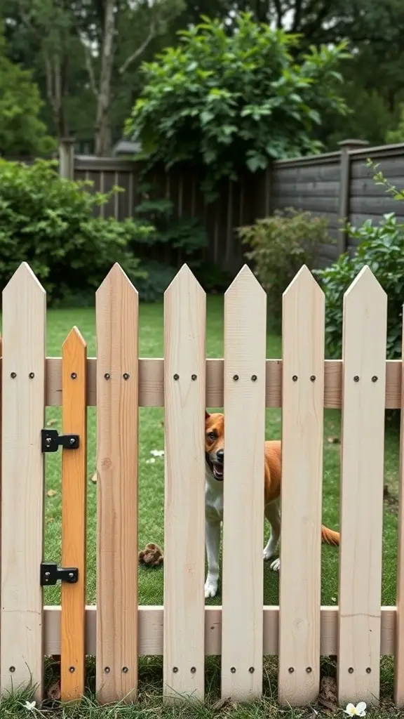 A classic wooden picket fence with a playful dog peeking through