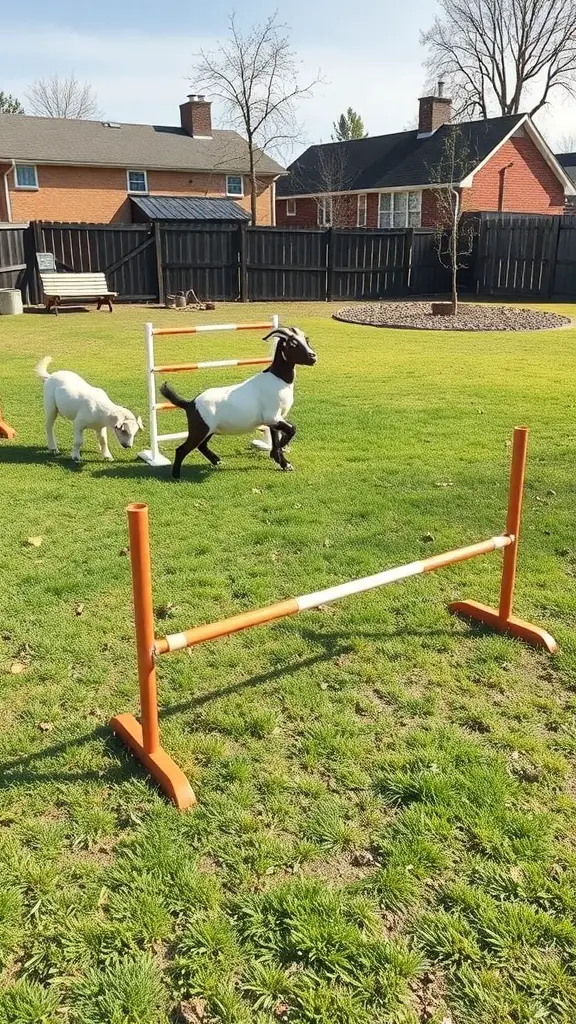 A goat and a dog playing in a backyard agility course with hurdles.
