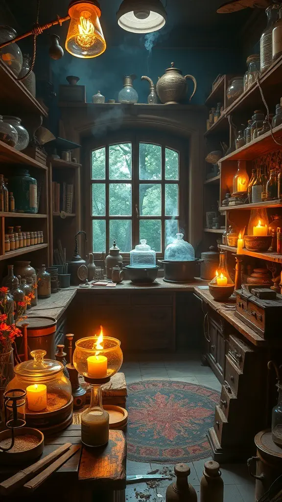 31+ Spooktacular Haunted House Ideas for Your Halloween Festival 7 A dimly lit witch's potion lab with shelves of jars and glowing candles.