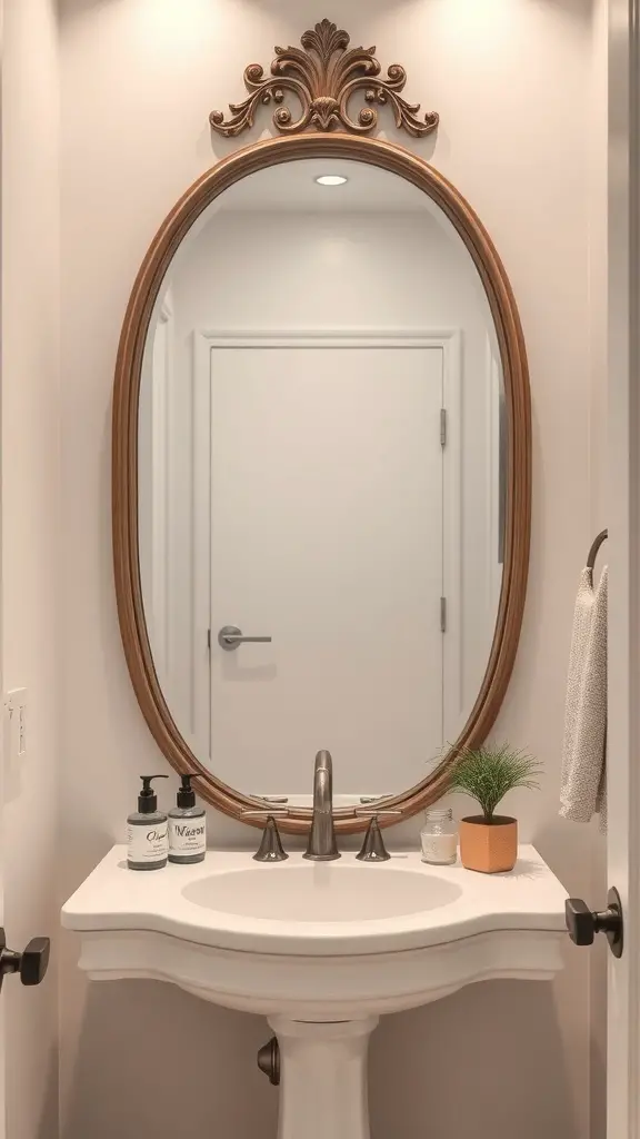 27+ Stunning Statement Powder Room Ideas to Transform Your Space 7 A stylish oval mirror with an ornate wooden frame above a white sink in a powder room.