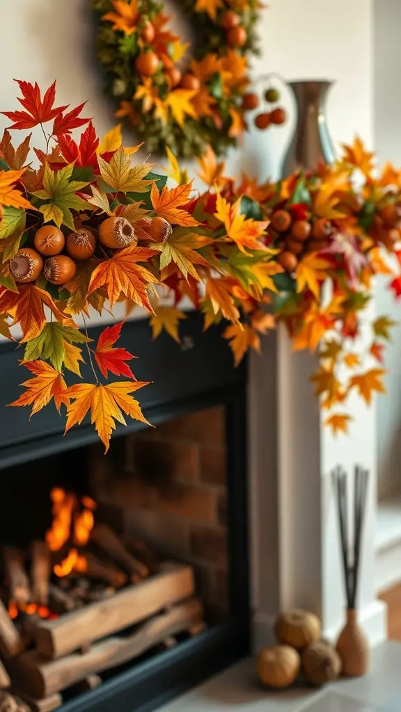 23+ Stunning Fall Garland Ideas for a Cozy Home Decor 14 A cozy fall garland made of colorful maple leaves and acorns, displayed above a fireplace.