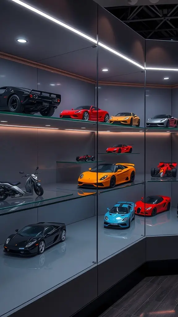 23+ Creative Car Room Decor Ideas for Enthusiasts 7 A modern display case featuring various customized car models.