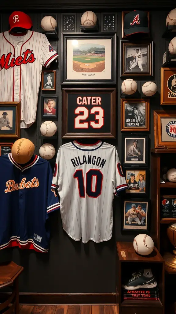 19+ Inspiring Sports Room Decor Ideas to Elevate Your Space 2 A wall display featuring vintage sports memorabilia including jerseys, baseballs, and framed photographs.
