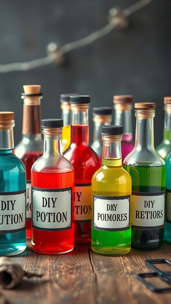 29+ Creative Halloween DIY Decorations to Scare Up Your Home 12 Colorful DIY potion bottles with labels on a wooden table.