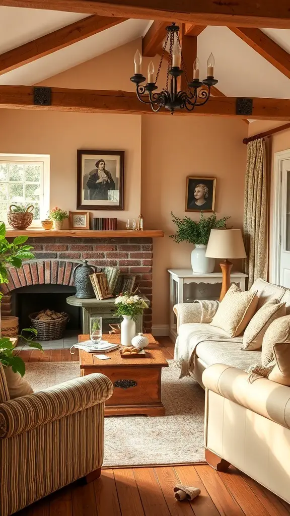 23+ Cozy English Cottage Living Room Ideas for a Warm Home Aesthetic 7 Cozy English cottage living room with warm color palette, wooden beams, and inviting decor.