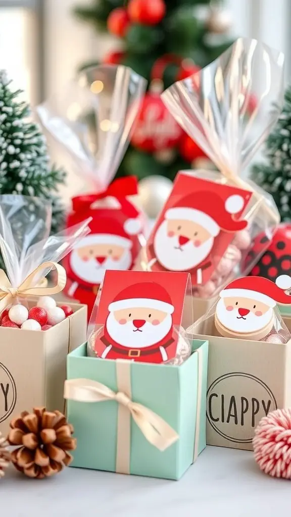 Colorful Santa-themed party favors in decorative boxes