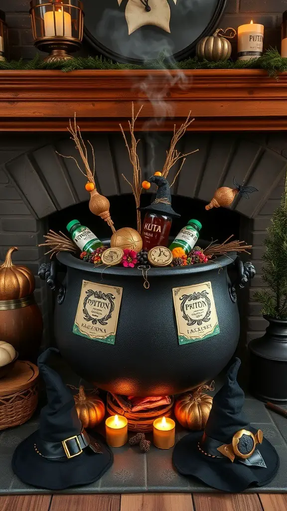 27+ Spooktacular Halloween Fireplace Decor Ideas You Need to Try 12 A Halloween fireplace decor featuring a witch cauldron centerpiece with decorations and candles.